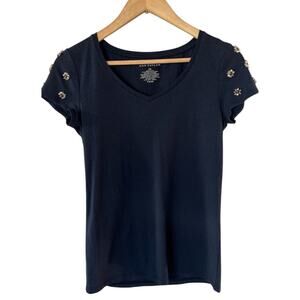 Ann Taylor Navy Jeweled Sleeve T-shirt Cotton Blend XS